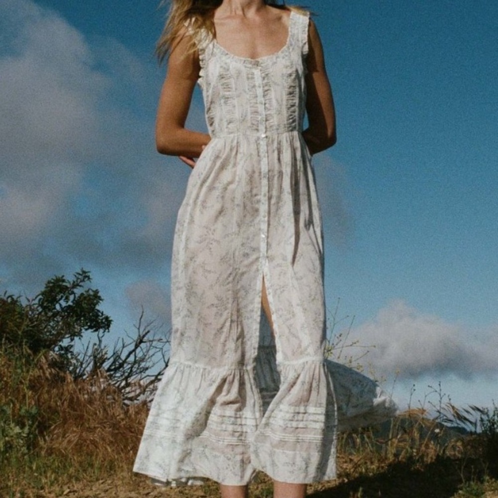 Doen Claribelle Cotton Ruffle Sleeveless Midi Maxi Dress Blanc Bluebell Ballad - Picture 2 of 16